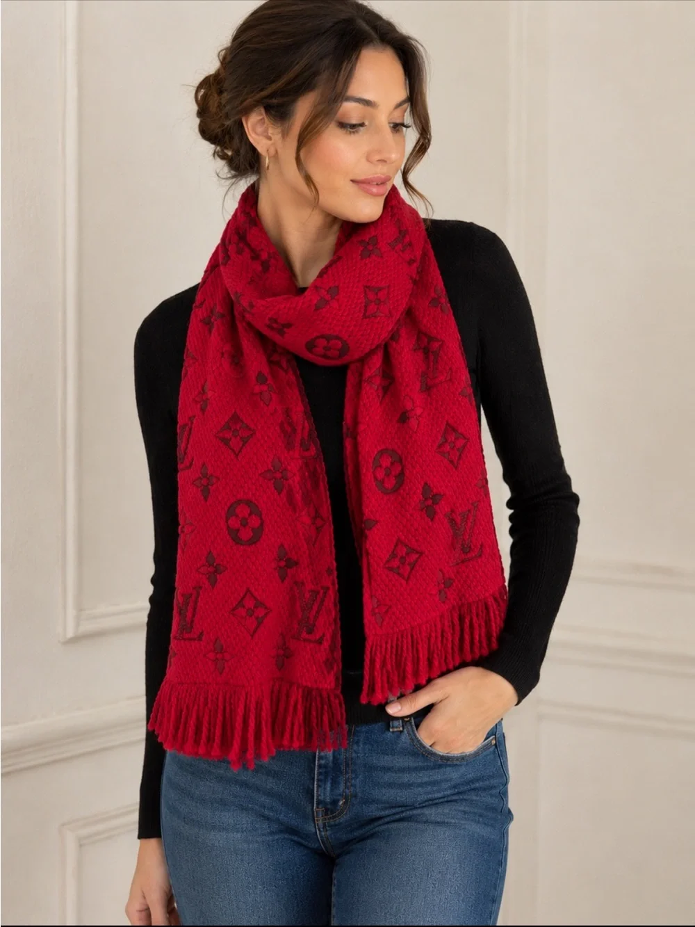 Authentic LV Red Monogram Wool & Silk Scarf or Wrap. Made in Italy w/ COA. - Picture 8 of 12